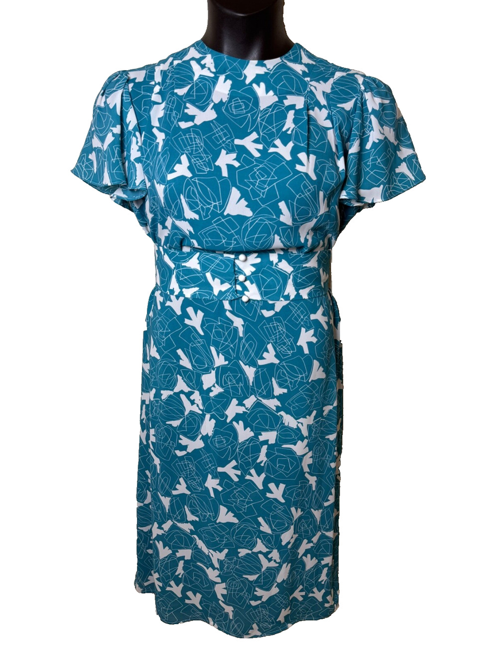 Teal Blue White 80's Dress Wide Belt Sz 10 12 Geometric New Wave Flutter Sleeve